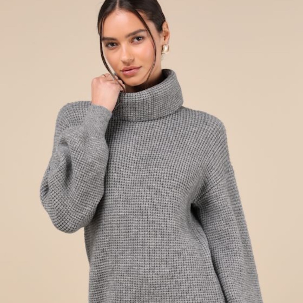 Lulus Casual Coziness Grey Waffle Knit Cowl Neck Sweater Dress - Size S